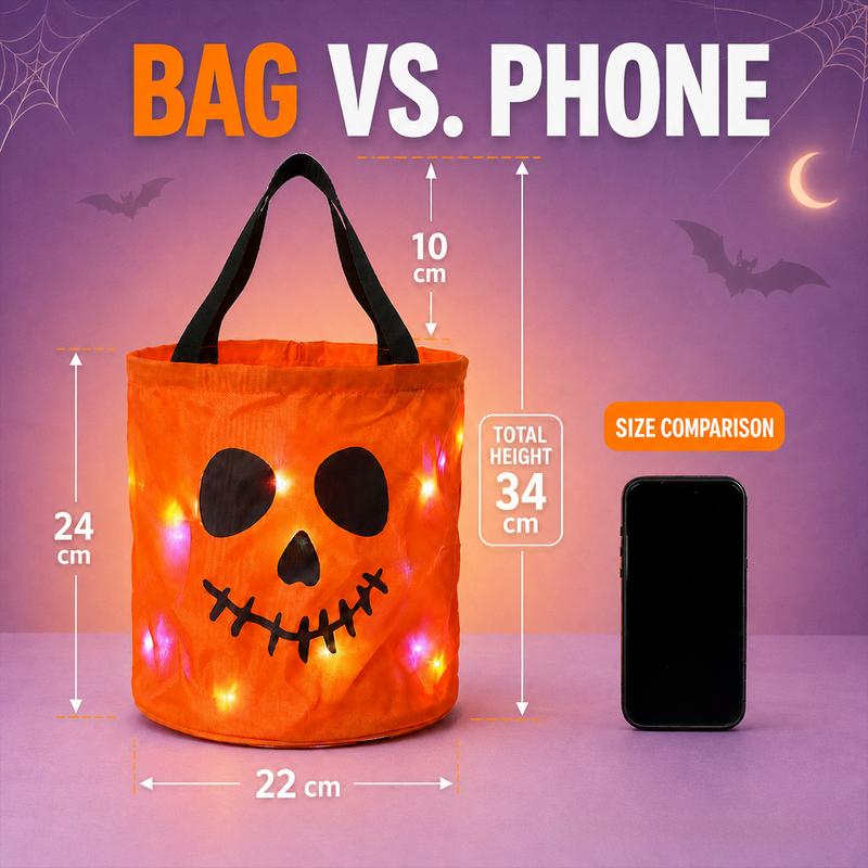 Light-up trick-or-treat bags glowing in the dark